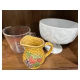 Set of Vintage Kitchenware Items - White Pedestal Bowl, Glass Measuring Cup, and Japan Pottery Pitcher