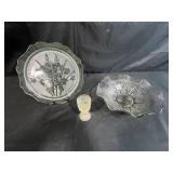 "Iridescent Iris" Vintage Depression Glass Bowl, Platter, and Goblet Set with Floral Design