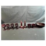 Collection of Vintage Ruby Red Glassware Including Goblets, Bowls, and Decanters