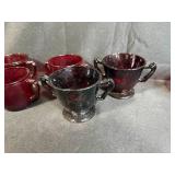 Set of Vintage Ruby Red Glass Cups and Creamers