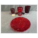 Ruby Red Glassware Set: 3 Goblets and Plate