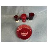 Ruby Red Glassware Set: 3 Goblets and Plate