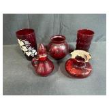 Collection of 5 Assorted Vintage Red Glassware Pieces