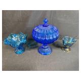 Set of 3 Blue Art Glass Pedestal Pieces with Candy Dish, Ruffled Bowl, and Creamer