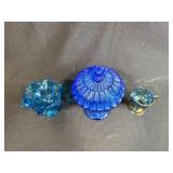 Set of 3 Blue Art Glass Pedestal Pieces with Candy Dish, Ruffled Bowl, and Creamer