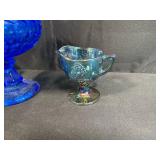 Set of 3 Blue Art Glass Pedestal Pieces with Candy Dish, Ruffled Bowl, and Creamer
