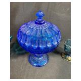 Set of 3 Blue Art Glass Pedestal Pieces with Candy Dish, Ruffled Bowl, and Creamer
