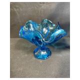 Set of 3 Blue Art Glass Pedestal Pieces with Candy Dish, Ruffled Bowl, and Creamer