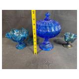Set of 3 Blue Art Glass Pedestal Pieces with Candy Dish, Ruffled Bowl, and Creamer