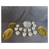 Vintage Glass Serving Set with Amber Platters and Clear Punch Bowl with Cups