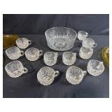 Vintage Glass Serving Set with Amber Platters and Clear Punch Bowl with Cups