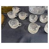 Vintage Glass Serving Set with Amber Platters and Clear Punch Bowl with Cups
