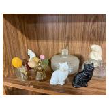 Vintage Glass Perfume Bottles, Cat Figurines, and Decorative Covered Dish Collection