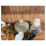 Vintage Glass Perfume Bottles, Cat Figurines, and Decorative Covered Dish Collection