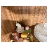 Vintage Glass Perfume Bottles, Cat Figurines, and Decorative Covered Dish Collection
