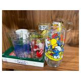 Vintage Cartoon Character Glassware and Camel Lights Ashtray Set