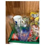 Vintage Cartoon Character Glassware and Camel Lights Ashtray Set