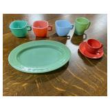 Vintage Mixed Color Milk Glass Dishware Set with Cups, Plate, and Saucer