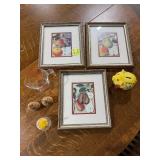 Kitchen Decor and Collectibles Lot with Framed Fruit Prints, Pyrex Measuring Cup, and Accessories