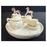Porcelain Miniature Tea Set with Decorative Rocking Horse Figurines