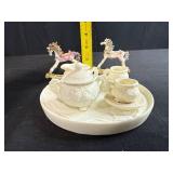 Porcelain Miniature Tea Set with Decorative Rocking Horse Figurines