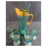 Vintage Green Glass Pitcher Set with 4 Goblets and Stirrer, Gold Trim