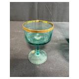 Vintage Green Glass Pitcher Set with 4 Goblets and Stirrer, Gold Trim