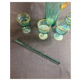 Vintage Green Glass Pitcher Set with 4 Goblets and Stirrer, Gold Trim