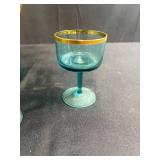 Vintage Green Glass Pitcher Set with 4 Goblets and Stirrer, Gold Trim