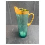 Vintage Green Glass Pitcher Set with 4 Goblets and Stirrer, Gold Trim
