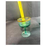 Vintage Green Glass Pitcher Set with 4 Goblets and Stirrer, Gold Trim