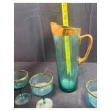 Vintage Green Glass Pitcher Set with 4 Goblets and Stirrer, Gold Trim