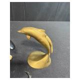 Collection of Animal Figurines - Enesco Penguins, Brass Dolphins, and Whale Miniatures