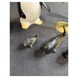 Collection of Animal Figurines - Enesco Penguins, Brass Dolphins, and Whale Miniatures