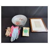 Garden Tool Lot with Galvanized Tub, Assorted Gloves, Framed Egg Print, and Garden Booklet