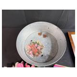 Garden Tool Lot with Galvanized Tub, Assorted Gloves, Framed Egg Print, and Garden Booklet