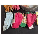 Garden Tool Lot with Galvanized Tub, Assorted Gloves, Framed Egg Print, and Garden Booklet