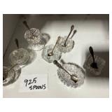 Collection of Vintage Glass Salt Cellars with Sterling Spoons