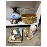 Vintage Blue Floral Lamp, Basket, Books, Candle, and Figurines Assortment