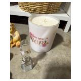 Vintage Blue Floral Lamp, Basket, Books, Candle, and Figurines Assortment