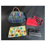 Set of 4 Designer Bags and Wallets: Dooney & Bourke, Fossil, Liz Claiborne, Red Shoulder Bag, and Pendleton Plaid Tote