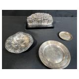 Collection of 4 Silver and Metal Tableware Items with Decorative City Sculpture