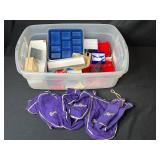 Bin of Assorted Jewelry Boxes and 4 Crown Royal Bags