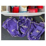 Bin of Assorted Jewelry Boxes and 4 Crown Royal Bags