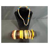 Collection of Vintage Style Bakelite Bangles and Beaded Necklace