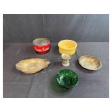 Vintage Mixed Decor Lot with Coffee Tin, Glass Bowls, Silverplate and Stoneware