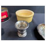 Vintage Mixed Decor Lot with Coffee Tin, Glass Bowls, Silverplate and Stoneware