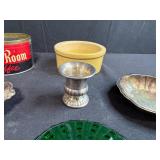 Vintage Mixed Decor Lot with Coffee Tin, Glass Bowls, Silverplate and Stoneware