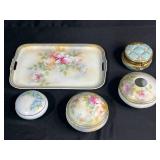 Antique German Porcelain Vanity Set with Floral Motif w Decorative Tray & Hair Receiver