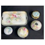Antique German Porcelain Vanity Set with Floral Motif w Decorative Tray & Hair Receiver
